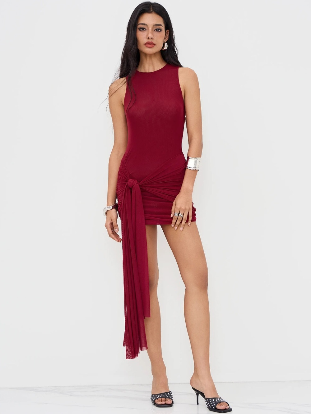 NWT CIDER MESH DRAPED RUCHED KNOTTED MINI DRESS